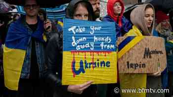 Les Ukrainiens de Nice dans la rue pour demander le retrait de l'armée russe de leur pays - BFMTV