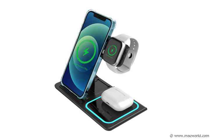 This Charge and Fold 3-in-1 Docking Station will charge your devices without cluttering your desk.