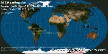 Informe sismo: Terremoto leve mag. 3.9 - 45 km SSW of Pedro Carbo, Provincia del Guayas, Ecuador, viernes, 25 mar 2022 14:51 (GMT -5) - 1 reporte de los usuarios - VolcanoDiscovery