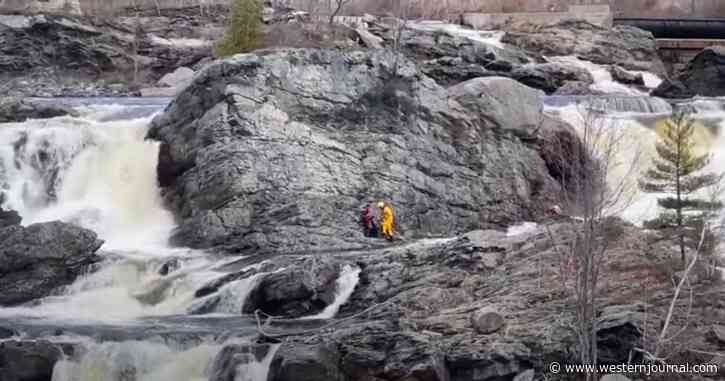 Man Crossing Waterfall Sets Off Major Rescue Effort After Water Rises, Trapping Him on Rocks