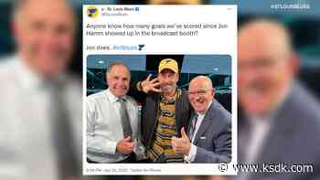 Hamm magic: Blues superfan Jon Hamm shows up in broadcast booth, team immediately scores four goals - KSDK.com