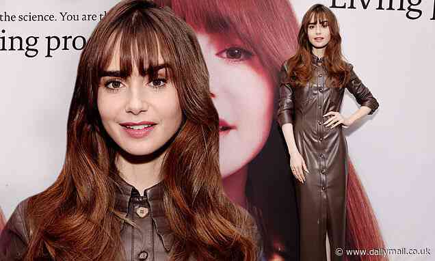 Lily Collins dons brown leather maxi-length gown at Living Proof event in Los Angeles - Daily Mail