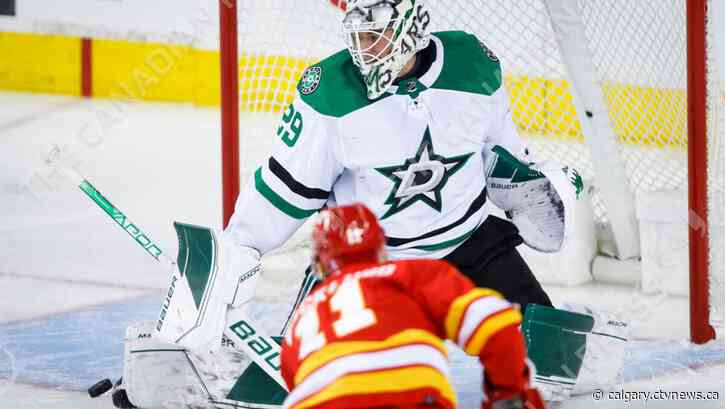 Oettinger posts 29-save shutout for Stars in 2-0 win over Flames to even series