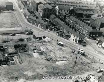 View from top of chimney over streets of Blackburn in 1975