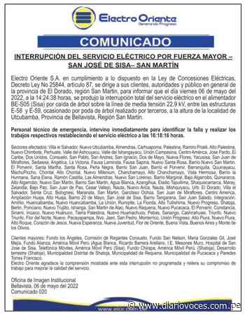 Electro Oriente: Comunicado Interrupcion del Servicio Eléctrico San José de Sisa - San Martín - diariovoces.com.pe