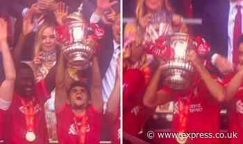 Luis Diaz scares Liverpool team-mates after sending FA Cup lid flying during trophy lift