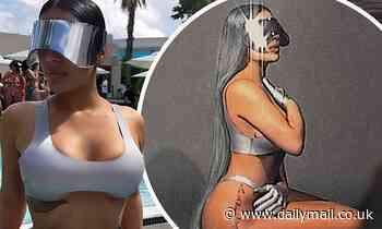 Chaney Jones stuns in scant bikini and metallic visor as she sits poolside