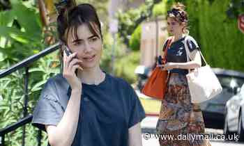 Lily Collins looks effortlessly chic in a floral skirt as she walks her dog in Beverly Hills - Daily Mail