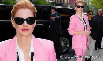 Jessica Chastain looks glam in a bubblegum pink suit during outing in New York City