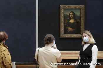 Man in wig and wheelchair throws cake at glass protecting Mona Lisa