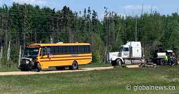 ‘Grossly intoxicated’ driver crashes stolen school bus at construction site west of Edmonton: police