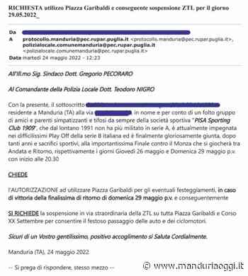 MANDURIA - Anche i tifosi del Pisa al sindaco e al Comandante della Polizia Municipale chiedono di poter festeggiare, domenica sera, in piazza Garibaldi - ManduriaOggi