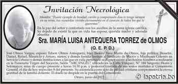 Invitación Necrológica: Sra. MARÍA LUISA ANTEQUERA TORREZ de OLMOS (QEPD) - Periódico La Patria (Oruro - Bolivia)