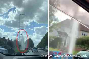 Burst main causes water to erupt into the air on A41 in Watford