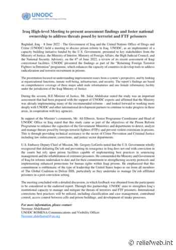 Iraq High-level Meeting to present assessment findings and foster national ownership to address threats posed by terrorist and FTF prisoners [EN/AR] - Iraq - ReliefWeb