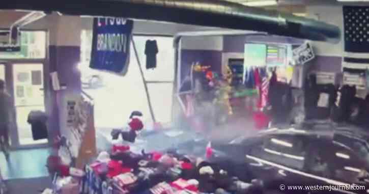 Car with Anti-Trump Bumper Sticker Plows Into Trump Merchandise Shop at High Speed