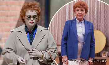 Helena Bonham Carter looks unrecognisable in an auburn wig while filming in Manchester for ITVs - Daily Mail