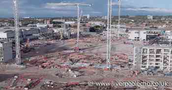Latest incredible footage shows Everton new stadium stands rising at Bramley-Moore Dock