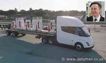 Tesla shows off its electric Semi as it delivers pre-assembled superchargers at Laguna Seca