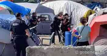 Video shows police response to gun call at Kitchener homeless encampment - Global News