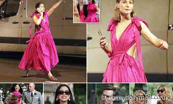 Rosamund Pike attempts to hail a cab in a fuscia gown following her step- daughter's wedding - Daily Mail