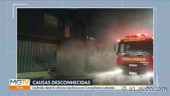 Incêndio atinge oficina mecânica e destrói carro em Conselheiro Lafaiete, na Região Central de MG - Globo