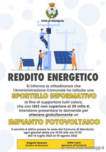 MANDURIA - Da domani attivo uno sportello informativo sul reddito energetico: fotovoltaico gratuito per famiglie con ISEE non superiore ai 20mila euro - ManduriaOggi