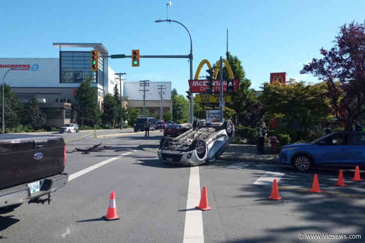 UPDATE: Uptown area crash sees car flipped in Saanich intersection - Victoria News
