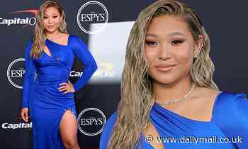 Chloe Kim dazzles in cobalt blue Versace gown split to the thigh at the