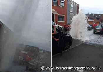 Mains pipe bursts shooting water into the air in Blackburn