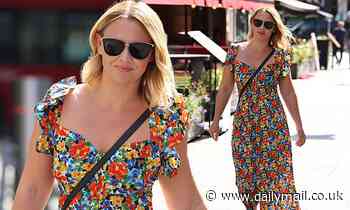 Kimberley Walsh puts on a summery display in a multi-colour floral dress as she arrives at Heart FM - Daily Mail
