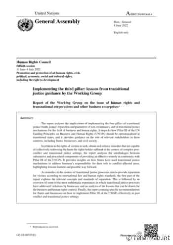 Implementing the third pillar: lessons from transitional justice guidance by the Working Group - Report of the Working Group on the issue of human rights and transnational corporations and other business enterprises - World - ReliefWeb