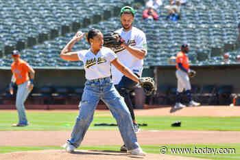 Ayesha Curry smokes husband Steph Curry with her first pitch at MLB game