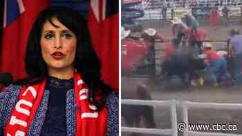 Alberta MLA Leela Aheer jumps in after participant flipped in running of the bulls event