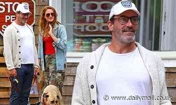 Jon Hamm, 51, and girlfriend Anna Osceola, 34, take their dog on a walk as they spend time together - Daily Mail