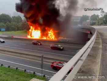 Video shows tractor trailer engulfed in flames on I-77 in Charlotte