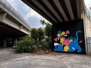 Un muro di colore nel grigio di Trani Centro: il gattone blu sotto la rampa della 16bis, l’artwork di Nicola Laurora - TraniLive