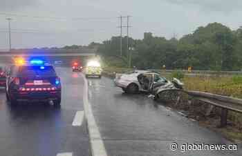 1 person dead, 1 injured after car crashes into Highway 403 guardrail in Hamilton: OPP