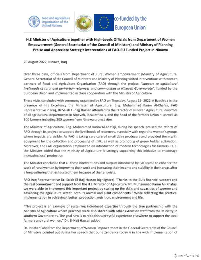 H.E Minister of Agriculture together with high-level officials from Department of Women Empowerment (General Secretariat of the Council of Ministers) and Ministry of Planning praise and appreciate strategic interventions of FAO-EU funded project in Ninawa