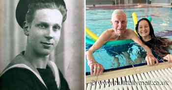 Heart-warming moment veteran goes swimming for first time since surviving sinking ship during WW2