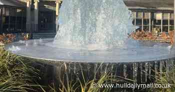 Icy blast turns luxury hotel's 6ft fountain into jaw-dropping sculpture