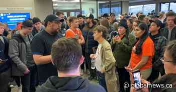 Hundreds of protesters drown out speaker Frances Widdowson at University of Lethbridge