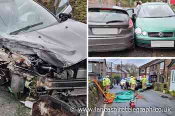 Wreckage strewn across the road following two car smash