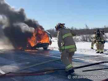 Vehicle goes up in flames on Highway 416