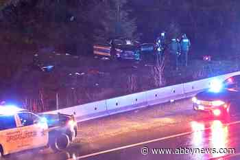 Two people taken to hospital and dog dies in collision on Highway 1 in Abbotsford