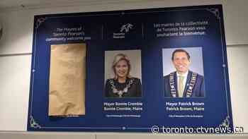 Image of former Toronto Mayor John Tory crudely covered at Pearson airport