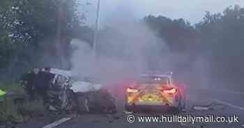 Moment teen driver's car 'explodes' after police chase on road to Humber Bridge
