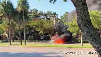 Car Catches Fire After Crashing Into Power Pole in Plantation