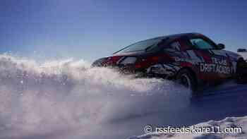 Cars whip around on a frozen lake