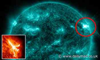 Moment a powerful flare 10 TIMES the size of Earth explodes from our sun is captured by NASA